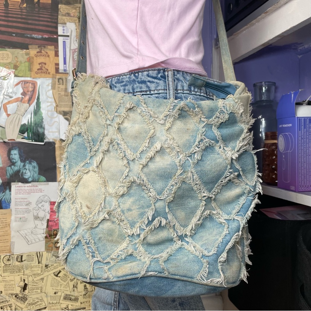 Distressed Patchwork Denim Crossbody Bag - Picture 2 of 8